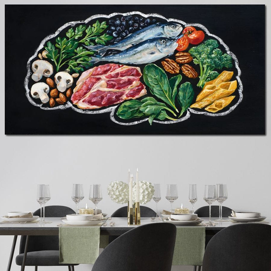 tablou canvas cu diverse legume, fructe si carne, pe fundal intunecat, incadrate armonios intr-o forma trasata cu alb