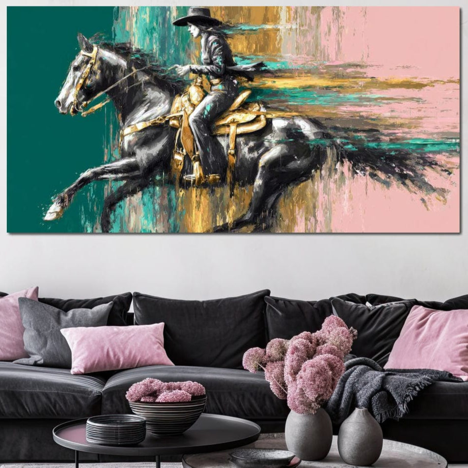 tablou canvas cu un calaret si un cal in galop, cu viteza pe fundal abstract pictat in culori calde si reci