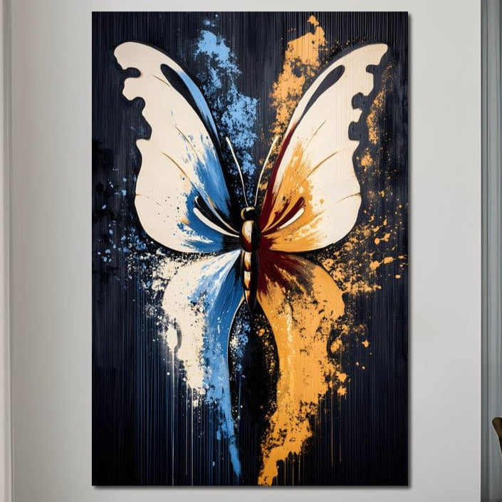 tablou canvas cu un fluture abstract in nuante vibrante de albastru si portocaliu, pe fundal negru texturat cu efecte de stropi