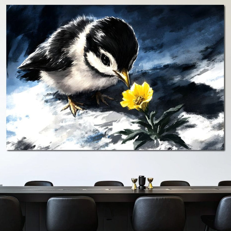 tablou canvas cu un pui de pasare alb si negru si o floare galbena pe fundal pictural albastru