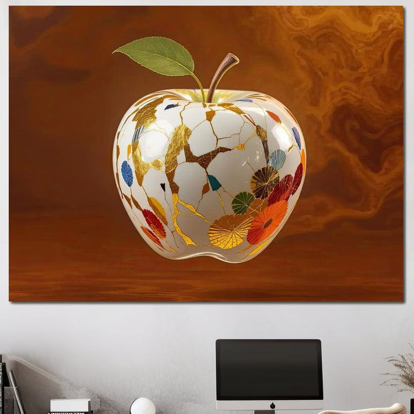 tablou canvas cu un mar de portelan alb cu ornamente florale in nuante calde, pe fundal abstract in nuante de bronz