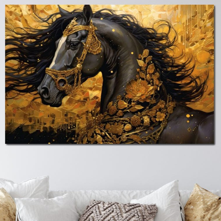 tablou canvas cu un cal negru, decorat cu bijuterii si flori aurii, pe fundal abstract in nuante de negru si auriu