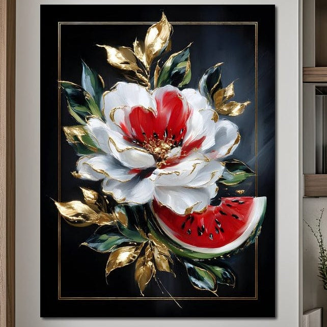 tablou canvas cu o floare alba, o felie de pepene verde si frunze aurii pe fundal negru cu accente aurii