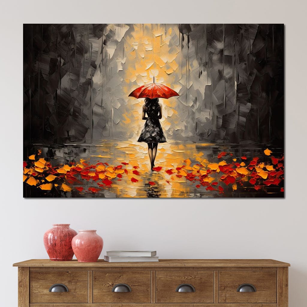 Tablou Canvas Premium LuxCanva® G1033, Singura Toamna , Ploaie, Umbrela, Rosie, Frunze, Pasi, Toamna, Femeie, Living, Dormitor, Culori vibrante