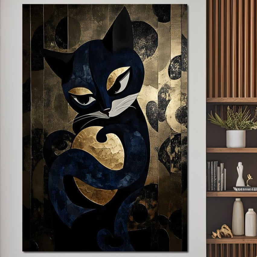 tablou canvas cu o pisica stilizata in tonuri de albastru si auriu, pe fundal texturat metalic cu forme circulare si linii