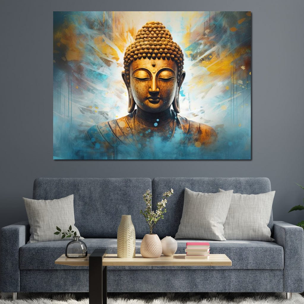 Tablou Canvas Premium LuxCanva® I123, Reflectia Iluminarii, Buddha, Zen, Iluminare, Pace Interioara, Spiritualitate, Armonie, Meditatie, Albastru, Gold, Living, Dormitor