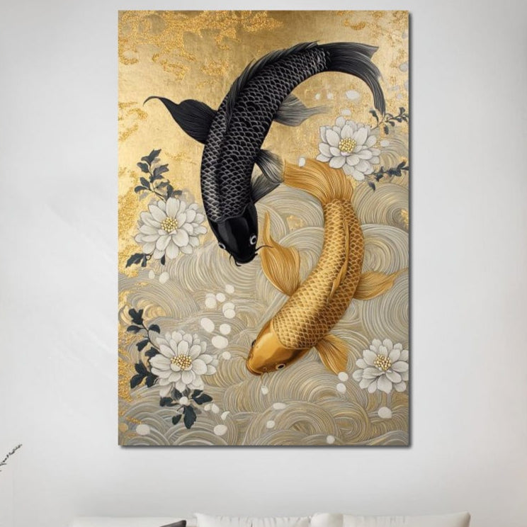 LuxCanva® Tablou Canvas Premium "Aur si Mister in Adancuri" (M1414) prezintă doi pesti koi, negru si auriu, printre flori albe cu accente aurii, perfect pentru living sau birou, montat elegant deasupra unei canapele albe.