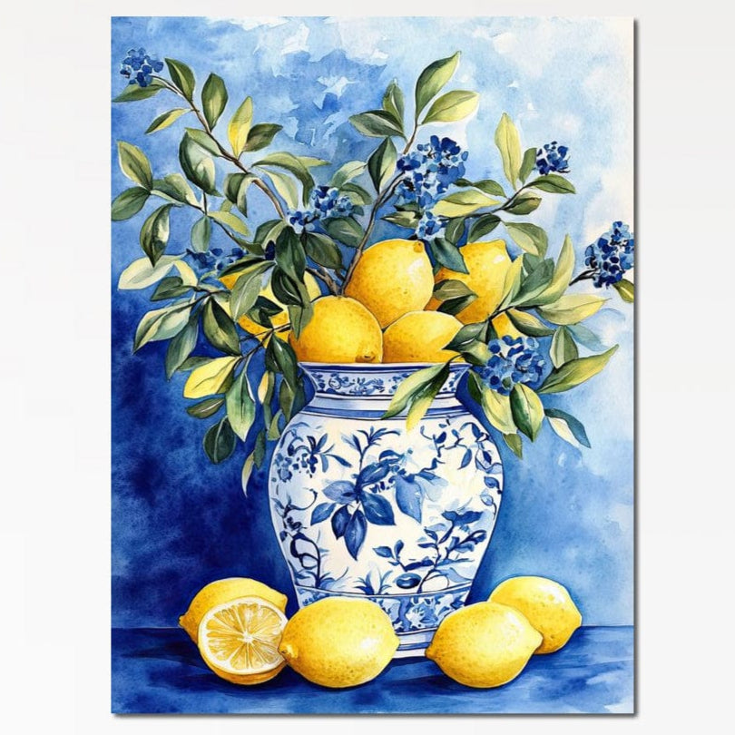 talou canvas cu o vaza albastra cu lamai si zambile, pe fundal pictat in nuante de albastru