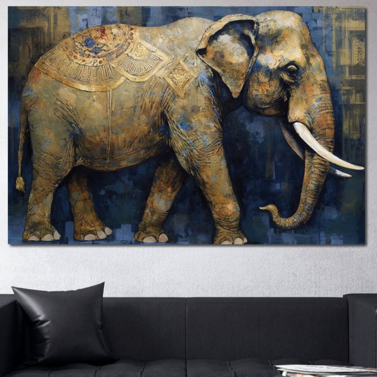 tablou canvas cu un elefant decorat in stil oriental, redat din profil intr-o paleta de tonuri pamantii si albastre, pe fundal texturat