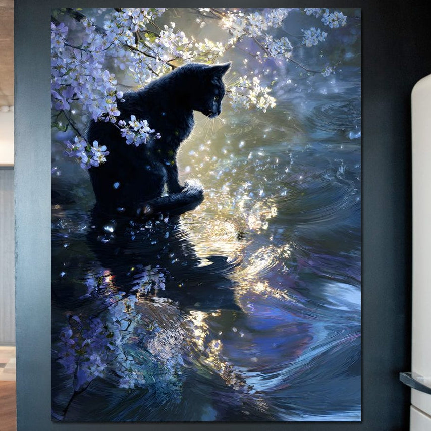 tablou canvas cu o pisica neagra pe malul unei ape strapunse de raze de lumina, intr-un cadru mistic cu flori de cires