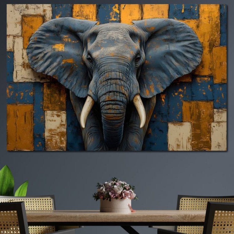 tablou canvas cu un elefant in prim-plan, redat in tonuri de albastru si gri, pe fundal texturat galben, albastru si alb