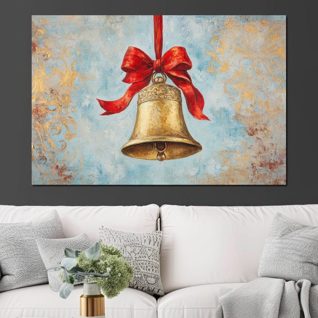 Tablou Canvas Premium LuxCanva® D1039, Clopotelul Muzical , Clopot, Brad, Decoratiune, Auriu, Muzical, Colindat, Living Room, Culori vibrante