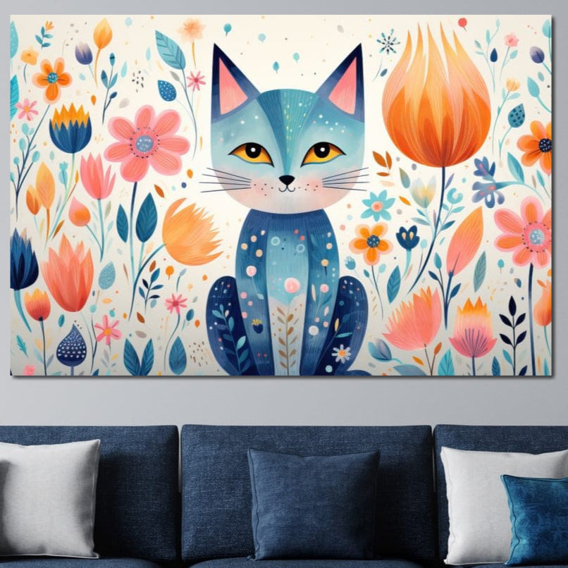 Tablou Canvas Premium, LuxCanva® K1012, Miau Printre Petale, Mustati, Urechi, Pisicesc, Zambet, Soare, Magie, Gradina, Pastelata, Decor, Fundal, Floral, Felina, Camera Copii