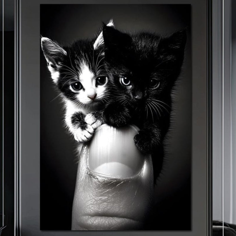 tablou canvas cu doua pisicute mici, alb si negru, agatate de un deget, pe fundal intunecat