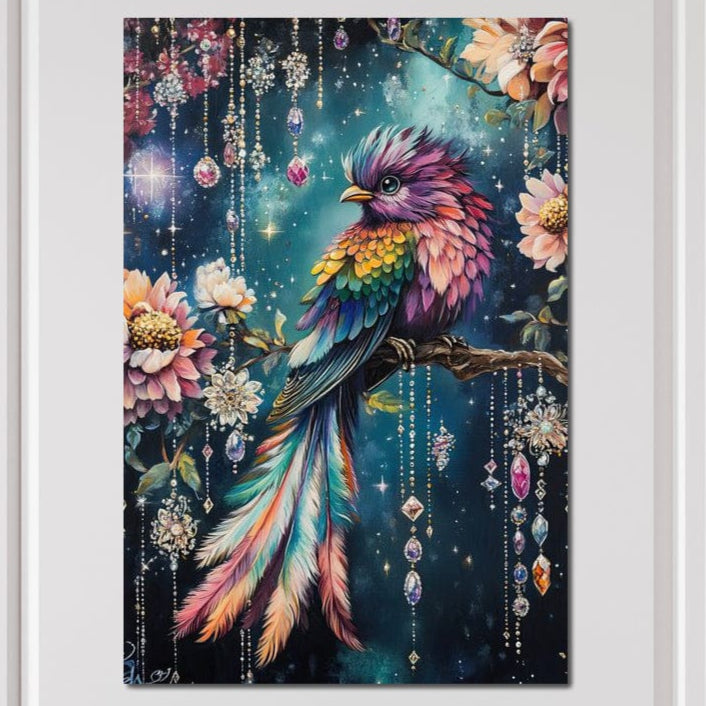 tablou canvas cu o pasare multicolora pe o creanga cu bijuterii si cristale inconjurata de flori colorate