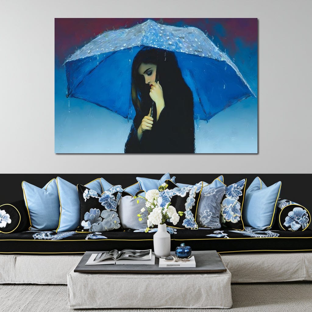 Tablou Canvas Premium, LuxCanva® G1222, Ploaia Sufletului,  Umbrela, Albastra, Ploaie, Singuratate, Lacrimi, Cer, Inima, Esenta, Secret, Melancolie, Ganduri, Tristete, Amintiri, Salon, Birou, Living, Dormitor
