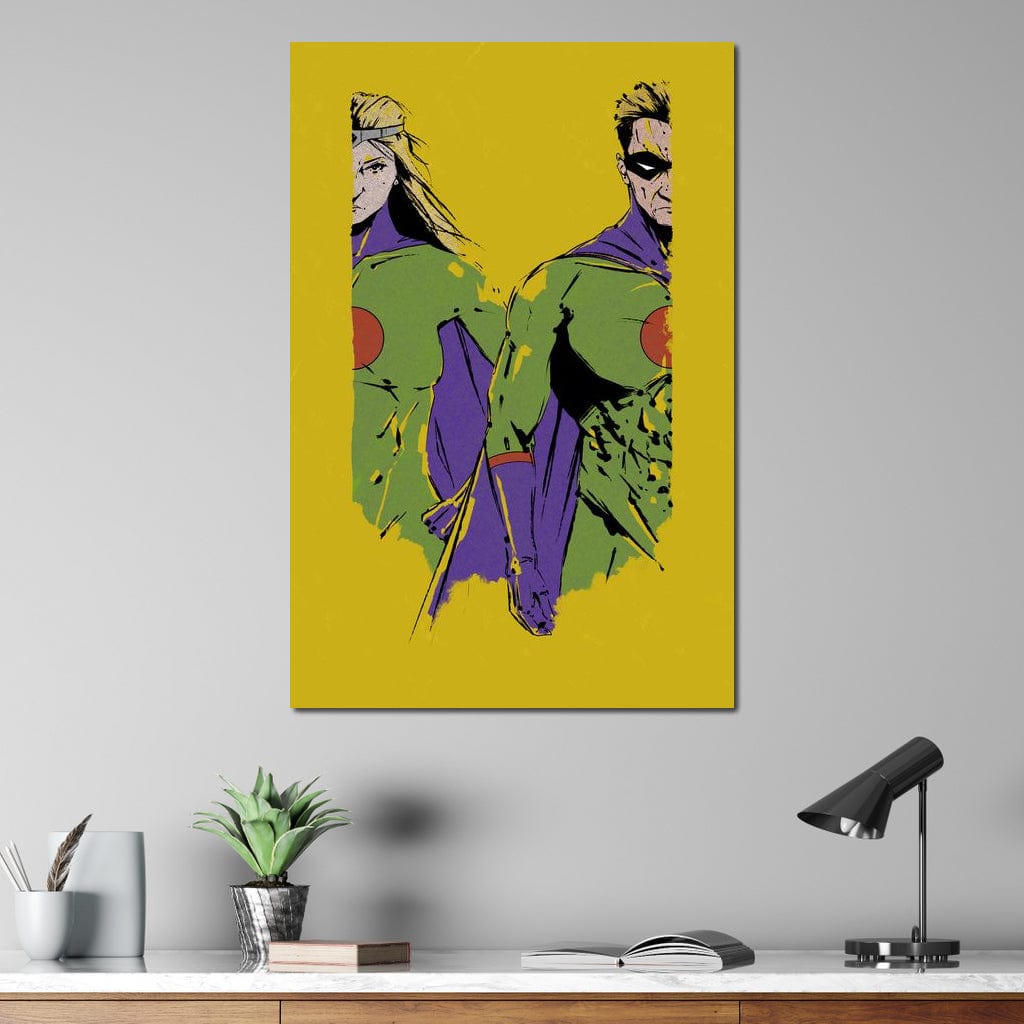 Tablou Canvas Premium, LuxCanva® K1013, Eroii Din Povesti, Duo, Misiune, Curaj, Gardieni, Galaxie, Eroi, Fantastici, Scut, Galben, Supereroi, Benzi, Desenate, Camera Copii