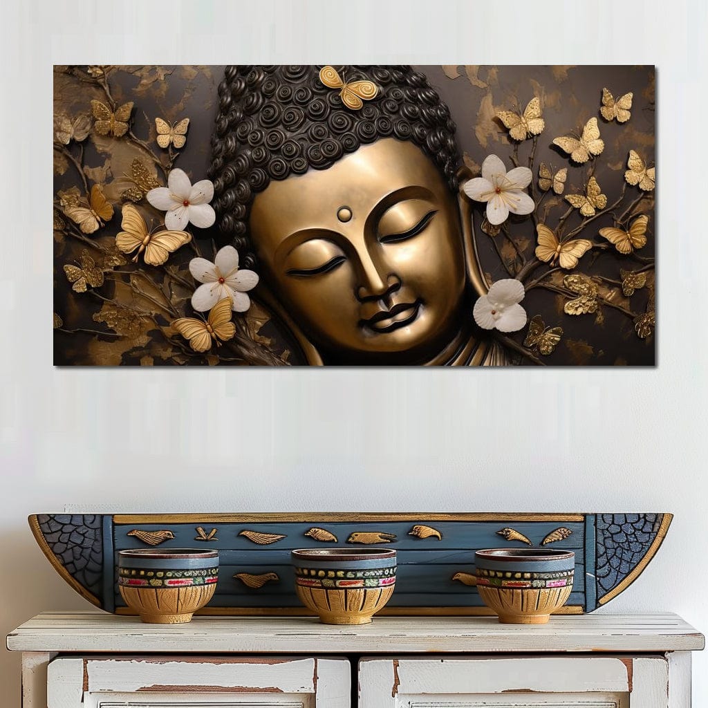 Tablou Canvas Premium LuxCanva® I141, Aura Meditatiei, Buddha, Zen, Echilibru, Meditatie, Spiritualitate, Contemplare, Armonie, Flori, Fluturi, Gold, Living, Dormitor