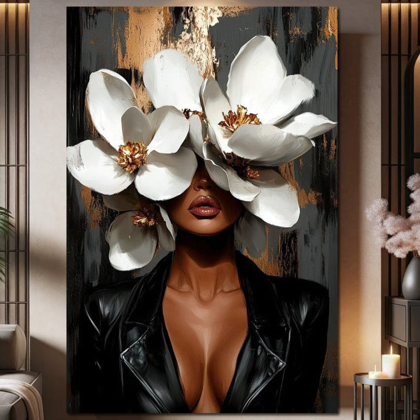 Tablou Canvas Premium, LuxCanva® G1188, Magnolii si Piele, Fragil, Jacheta, Piele, Senzualitate, Fashion, Art, Forta, Gratie, Monocrom, Taina, Trup, Atitudine, Birou, Living, Dormitor
