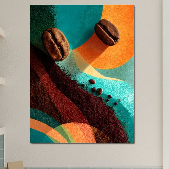 tablou canvas cu doua boabe de cafea si cafea macinata, pe un fundal abstract in nuante calde de portocaliu si nuante reci de turcoaz