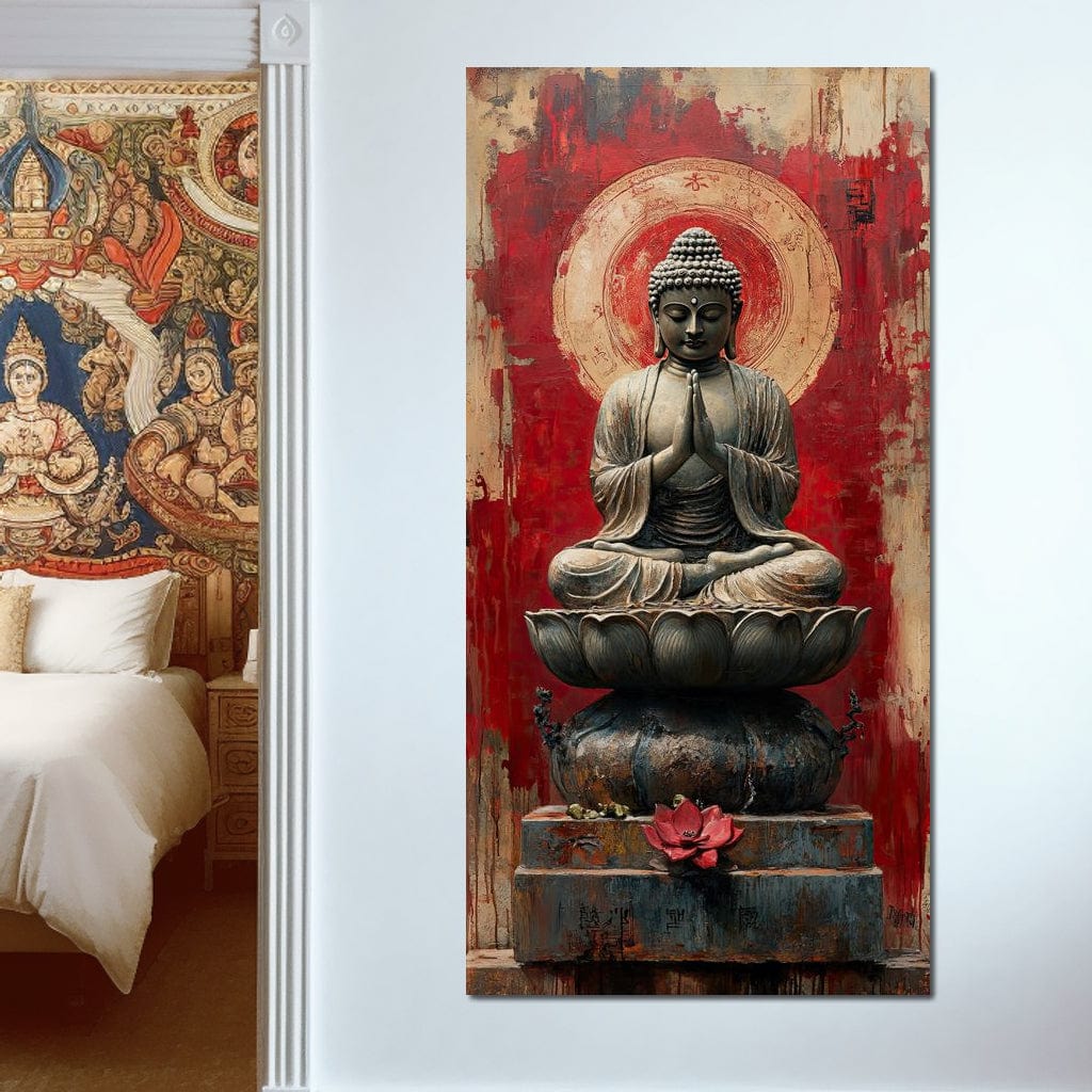 Tablou Canvas Premium LuxCanva® I148, Esenta Zen, Buddha, Zen, Meditatie, Yoga, Lotus, Aura, Spiritualitate, Armonie, Rugaciune, Pace Interioara, Rosu, Living, Dormitor