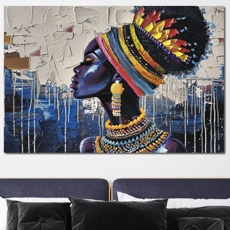 Tablou Canvas Premium, LuxCanva® G1191, Cununa Africii, Regina, Profil, Ancestral, Spirt, Pamant, Cultura, Strabuni, Turban, Colorat, Tribal, Identitate, Margele, Birou, Living, Dormitor