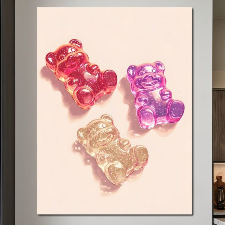 tablou canvas cu trei ursuleti din jeleu colorat si stralucitor, pe fundal deschis