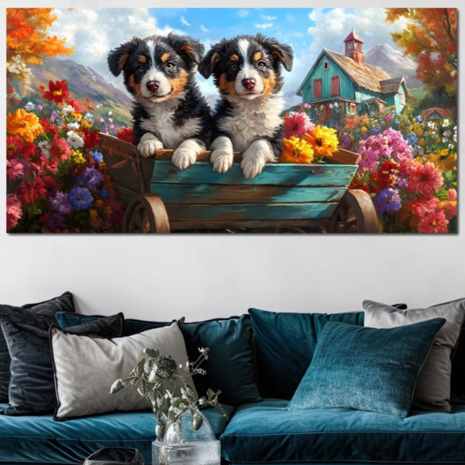 tablou canvas cu doi catelusi intr-o roaba verde, in mijlocul unui peisaj rustic plin de flori colorate si o casa de poveste