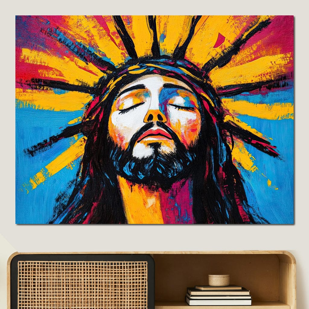 Tablou Canvas Premium LuxCanva® H1062, Sacrificiu Etern, Iisus, Contemplare, Pace Interioara, Coroana de Spini, Cer, Chip, Arta Religioasa Moderna, Living, Dormitor