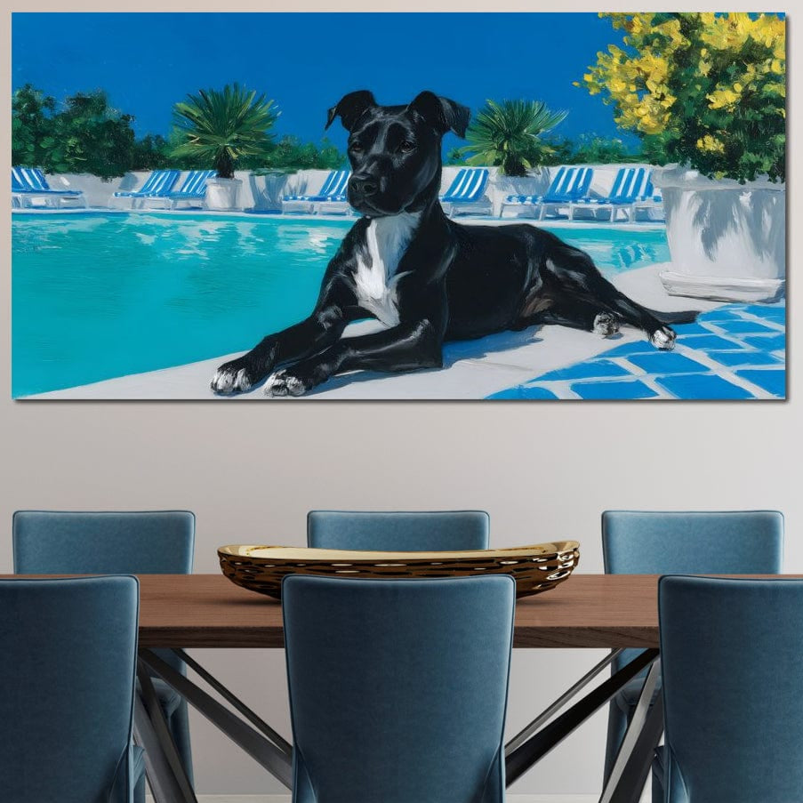 tablou canvas cu un caine negru, relaxat langa o piscina intr-un decor tropical luxuriant, pe fundal cu palmieri