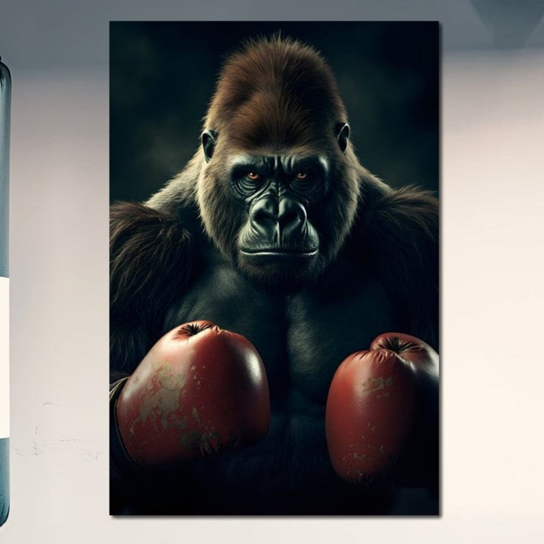 tablou canvas cu o gorila cu manusi de box rosii, pe fundal intunecat