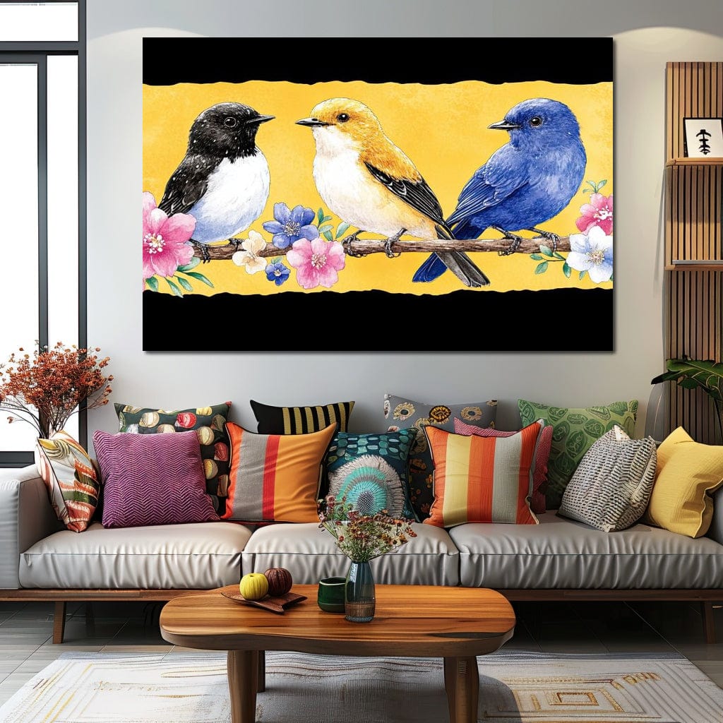 tablou canvas cu trei pasari colorate pe o creanga cu flori pe fundal galben