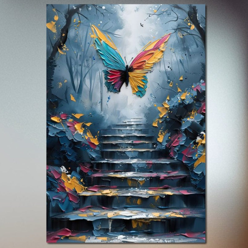 tablou canvas cu un fluture multicolor in zbor deasupra unor trepte, intr-o padure pictata in tonuri de albastru