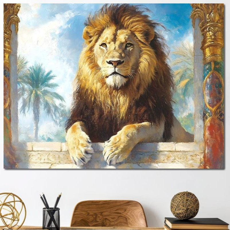 tablou canvas cu un leu sezand relaxat intre doua coloane decorate cu accente aurii si pictate in stil egiptean, pe fundal cu cer senin si copaci 