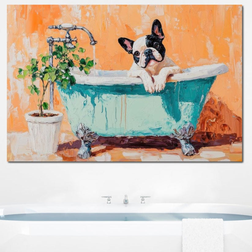 tablou canvas cu un bulldog francez intr-o cada vintage albastra, pe fundal in tonuri calde si texturi picturale