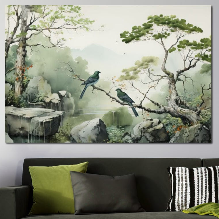 tablou canvas cu doua pasari pe creanga intr-un peisaj cu stanci si copaci, in tonuri verzi si gri