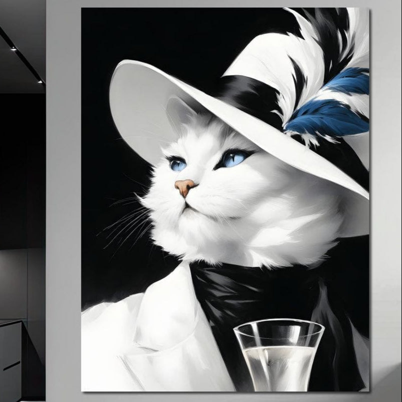 tablou canvas cu o pisica eleganta, in costum cu esarfa si palarie cu pene, tinand un pahar de sampanie, pe fundal negru