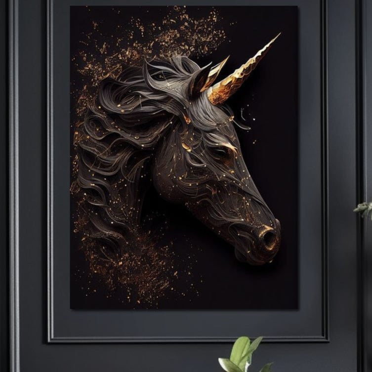 tablou canvas cu un unicorn negru surprins din profil, pe fundal intunecat cu accente aurii