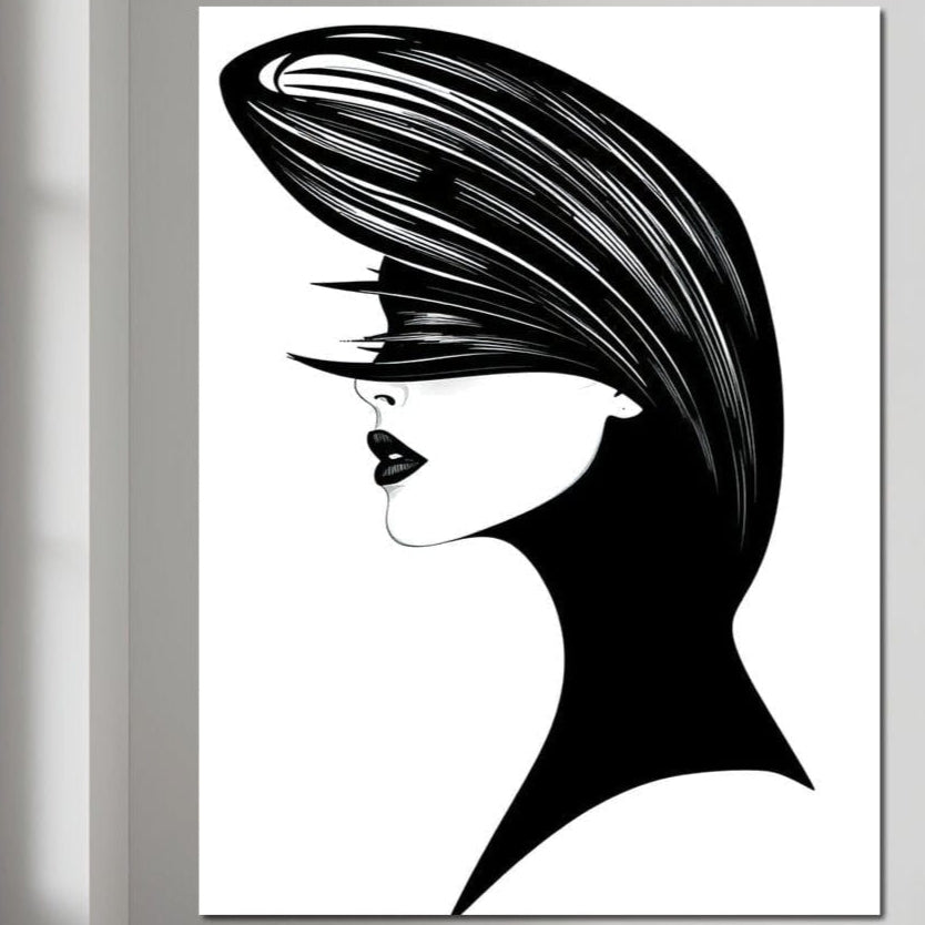 Tablou Canvas Premium, LuxCanva® G1131, Femeia din Umbra,Profil, Mister, Silueta, Stilizat, Alb, Negru, Eleganta, Moda, Arta, Minimalist, Lux, Rafinament, Birou, Living