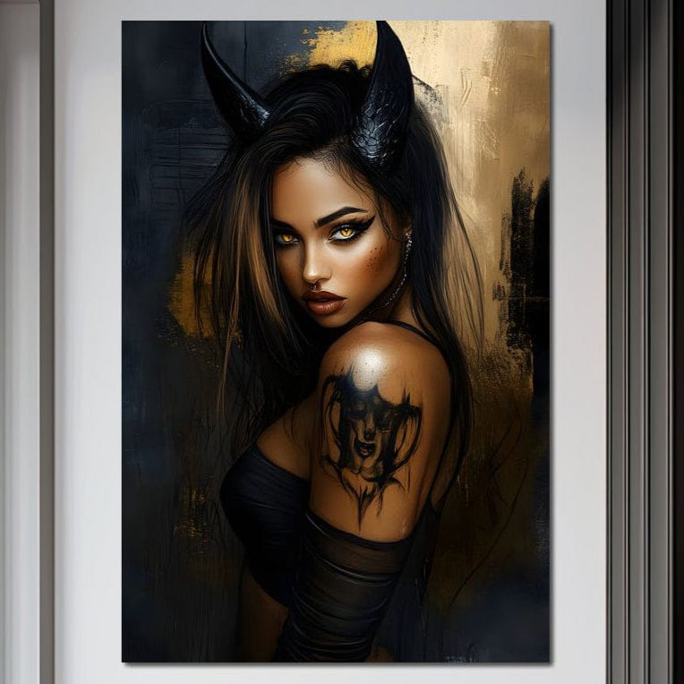 Tablou Canvas Premium, LuxCanva® G1192, Inger Intunecat,Portret, Dark, Fantasy, Coarne, Tatuaj, Aur, Negru, Rebela, Neamblanzita, Lumini, Umbre, Pericol, Birou, Living, Dormitor