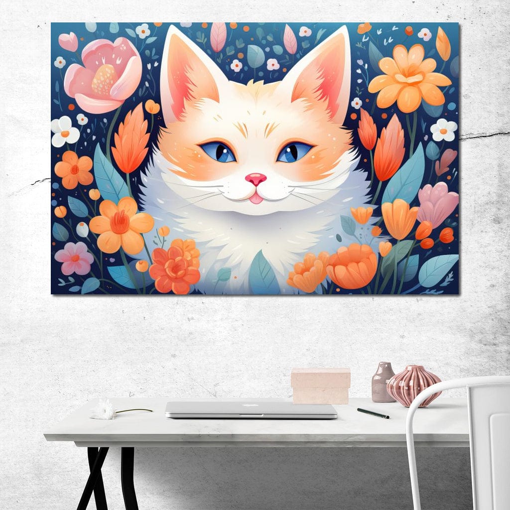 Tablou Canvas Premium, LuxCanva® K1011, Pisicuta Fermecatoare, Regina, Flori, Petale, Privire, Blanita, Pufosenie, Inflorat, Felina, Mustati, Camera Copii