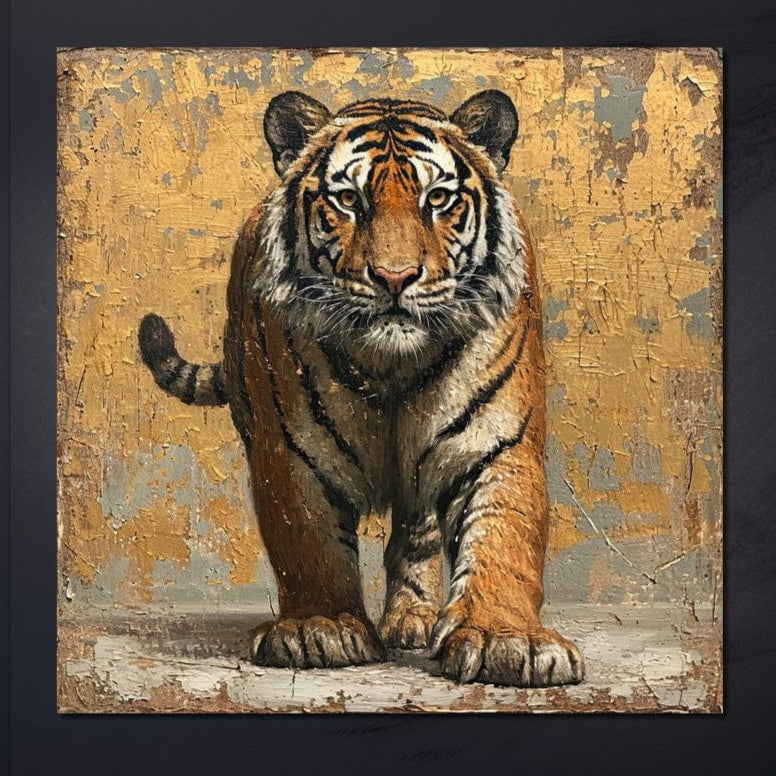 tablou canvas cu portretul unui tigru in mers, pictat realist pe fundal texturat cu aspect de perete vechi, in stil vintage