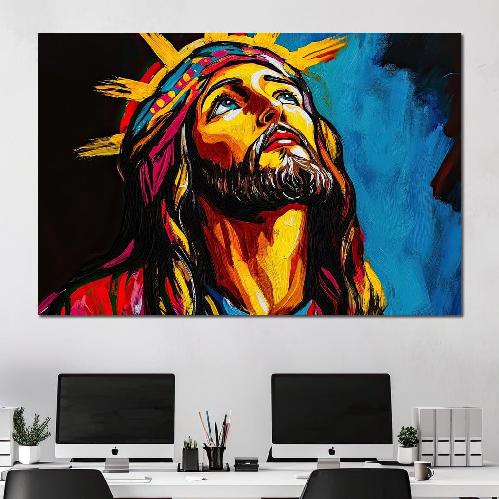 Tablou Canvas Premium LuxCanva® H1052, Privire catre Cer, Iisus, Contemplare, Pace Interioara, Coroana de Spini, Cer, Chip, Arta Religioasa Moderna, Living, Dormitor