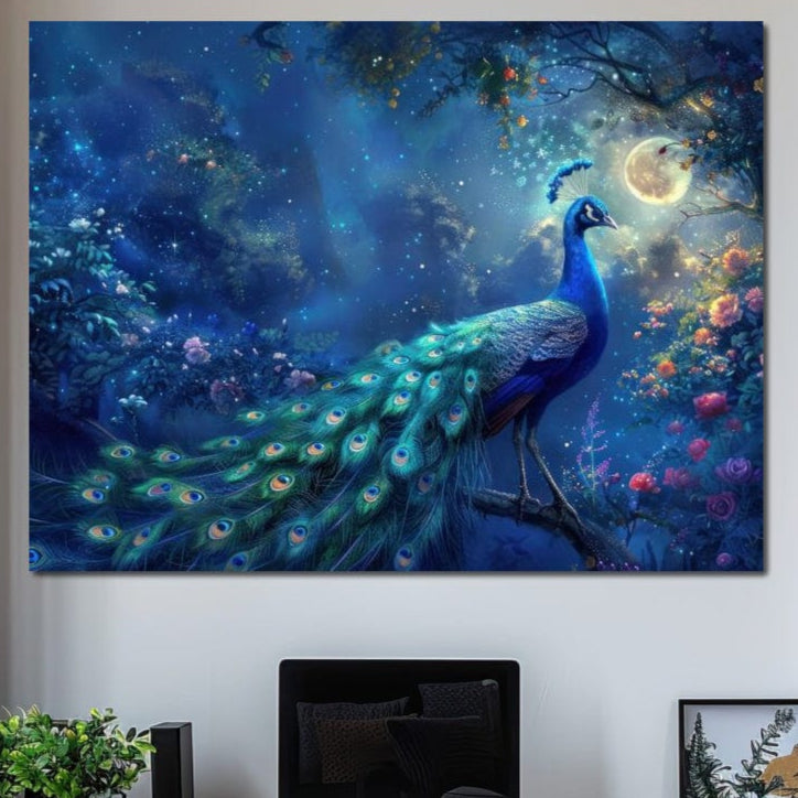 tablou canvas cu un paun albastru sub lumina Lunii, inconjurat de flori pe fundal de basm
