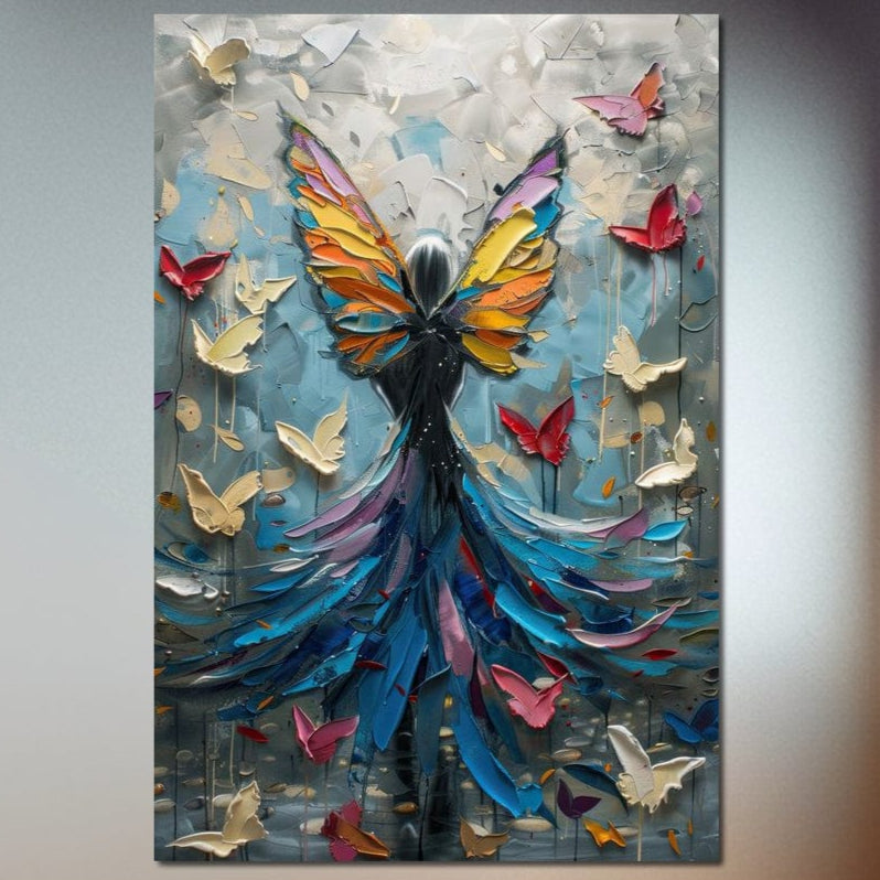 tablou canvas cu silueta unei fete cu aripi de fluture in nuante de galben, portocaliu si albastru inconjurata de multi fluturi, pe fundal stil pictura