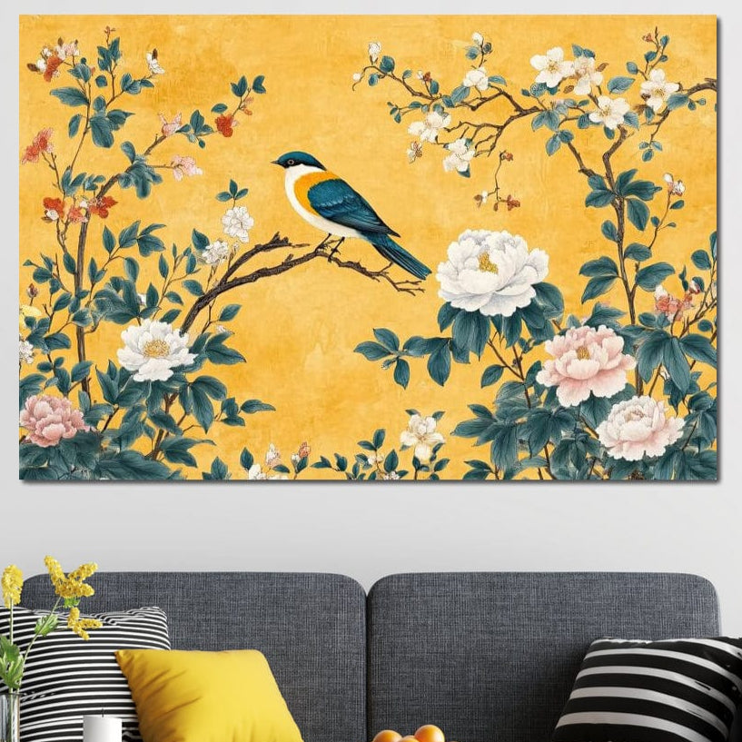 tablou canvas cu o pasare albastra pe o ramura inflorita si inconjurata de bujori, pe fundal galben