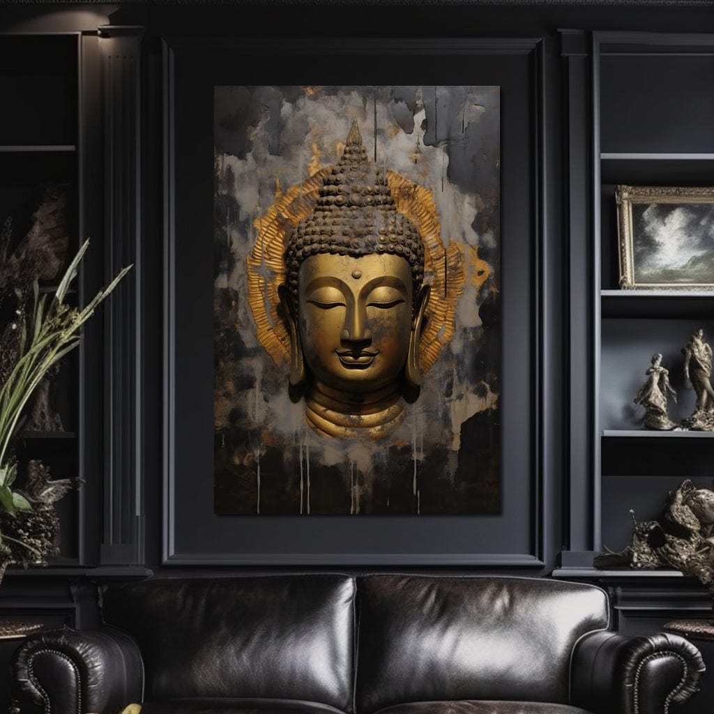 Tablou Canvas Premium LuxCanva® I124, Aura Linistii, Buddha, Zen, Iluminare, Pace Interioara, Spiritualitate, Armonie, Meditatie, Liniste, Urna, Fum, Gold, Living, Dormitor