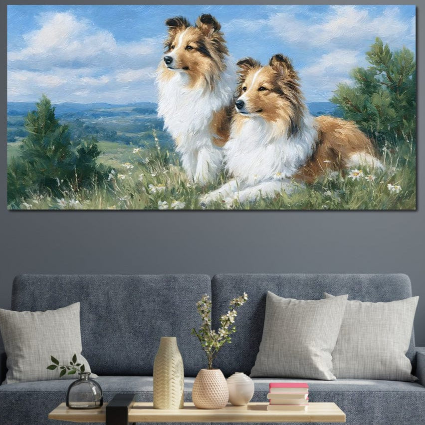 tablou canvas cu doi caini blanosi intr-un peisaj rustic de campie, in conjurati de flori si vegetatie sub cer senin