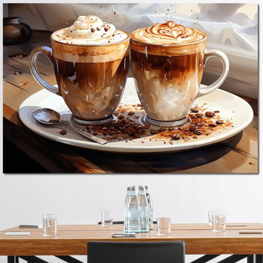 tablou canvas cu doua cesti cu cafea cu frisca si spuma, pe o farfurie cu boabe de cafea, intr-un peisaj rustic cu masa de lemn