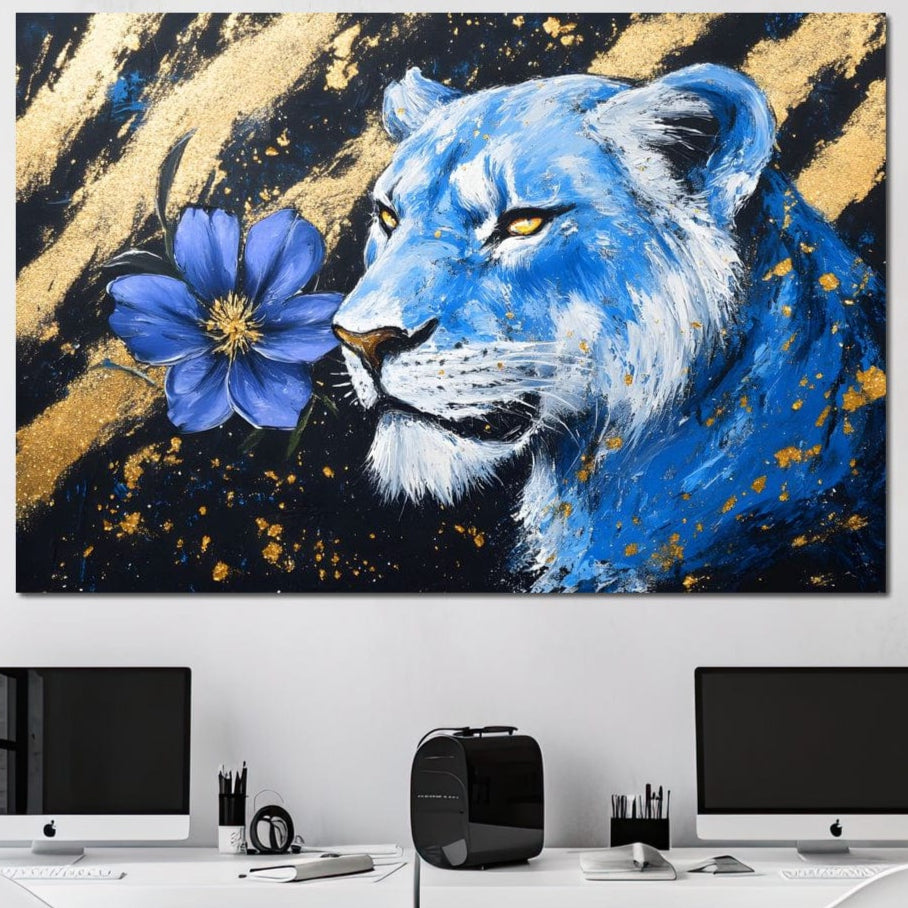 tablou canvas cu o leoaica si o floare albastra, pe fundal intunecat cu accente aurii